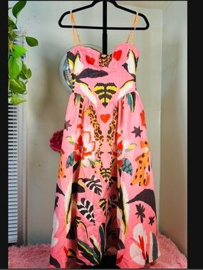 Pink Tropical Leopard Print Strappy Midi Dress – Size XL (Fits Like Large